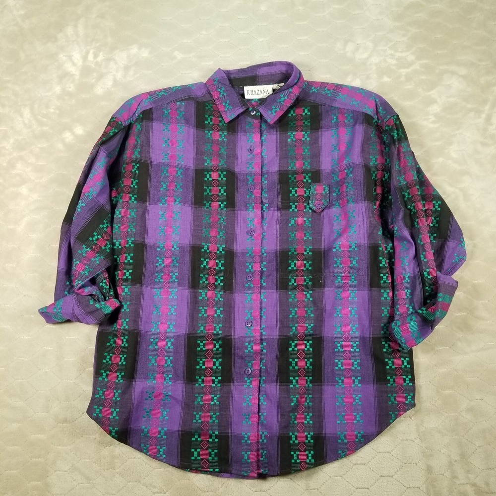 VTG‎ Khazana Top Blouse Purple Plaid Shoulder Pads 80s? Sz Md
